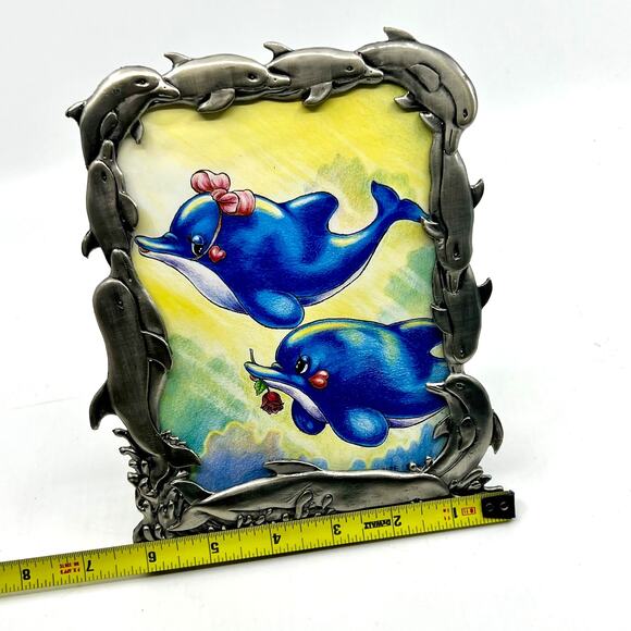 Vtg. Raj 2000 Picture Frame Metal Pewter Ocean Life~ Dolphins~Whales 8” - Picture 9 of 9